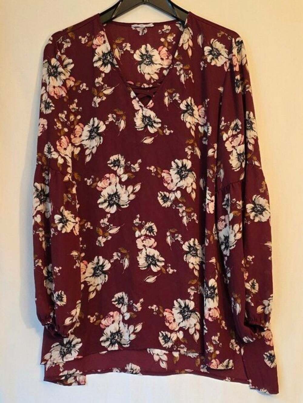 Maurices Burgundy Floral V-Neck Long Sleeve